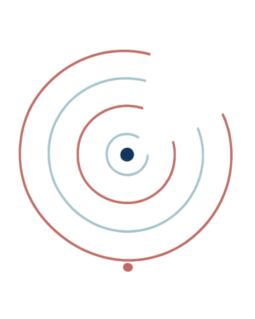 A central circle with smooth red and blue orbital paths, illustrating connection, navigation, and the integrated health and social services approach to coordinated care.