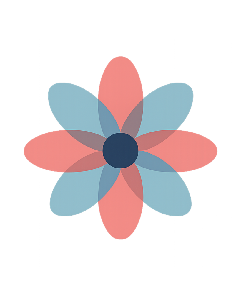A symmetrical eight‑petal geometric flower in soft red and blue tones, symbolizing balance, clarity, and the integrated nature of psychology and psychiatry services.
