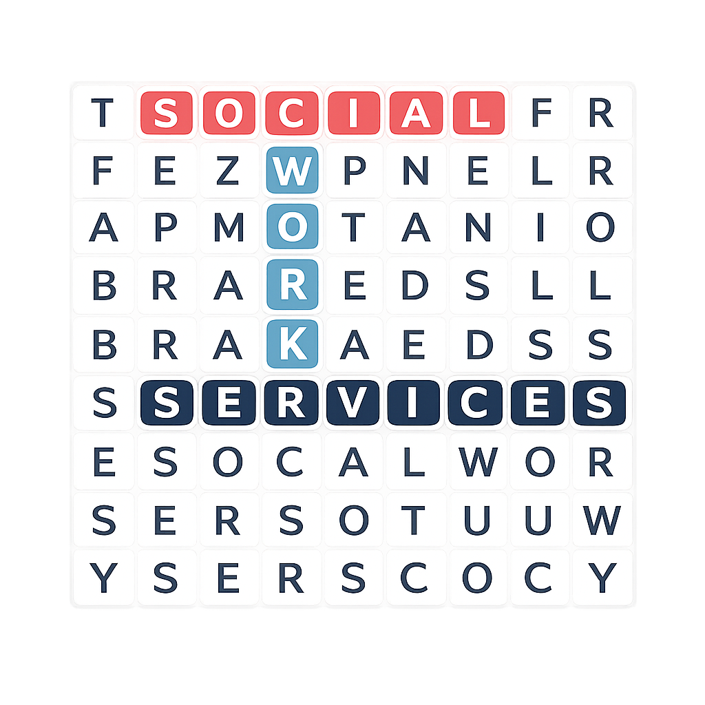 A word search puzzle with the words “Social,” “Work,” and “Services” highlighted in different colours, representing the focus of social work services in BC.