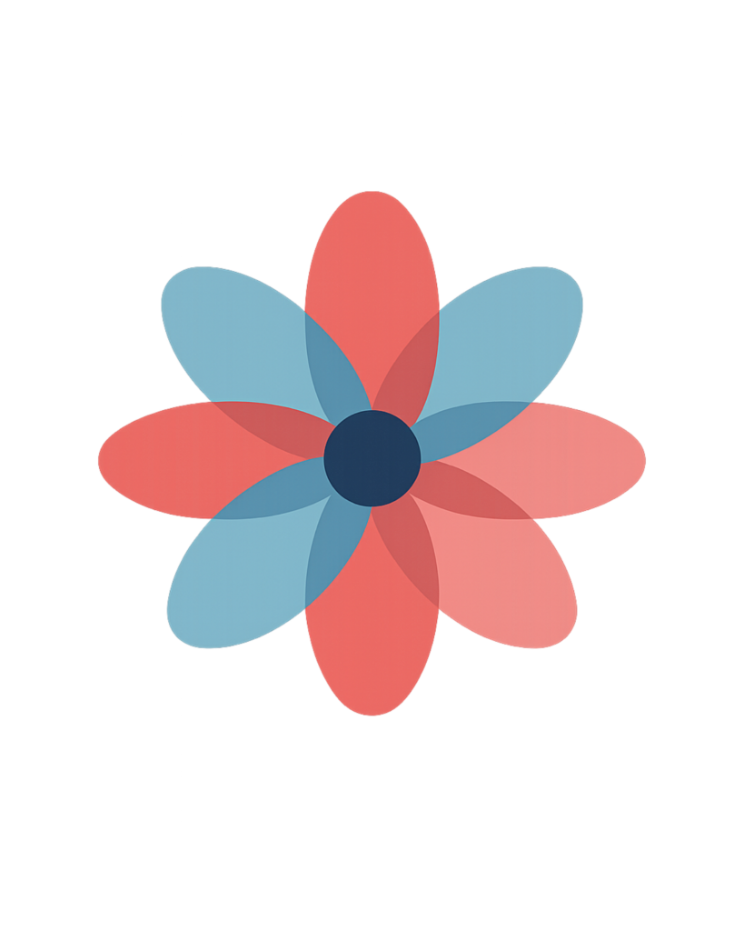 Symmetrical red and blue geometric flower design representing balanced nutrition, wellness, and evidence‑based dietitian services at Coova Health in BC.