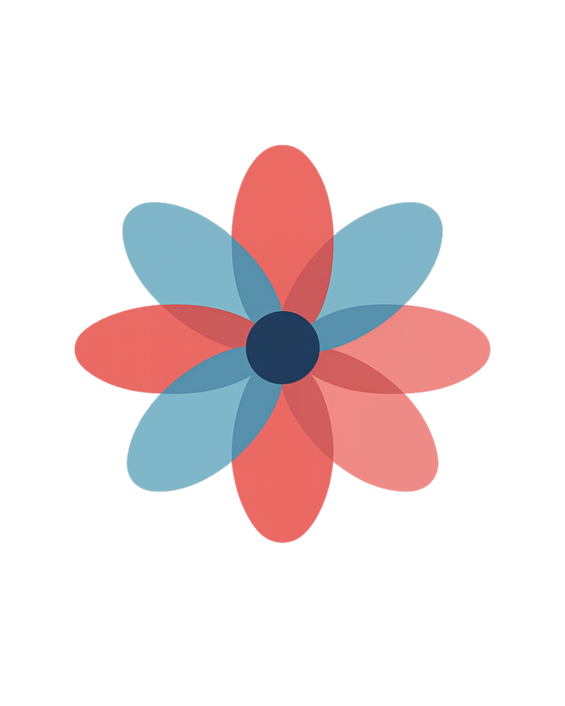 Symmetrical red and blue geometric flower design representing balanced wellbeing, emotional regulation, and therapeutic recreation services offered by Coova Health in BC.