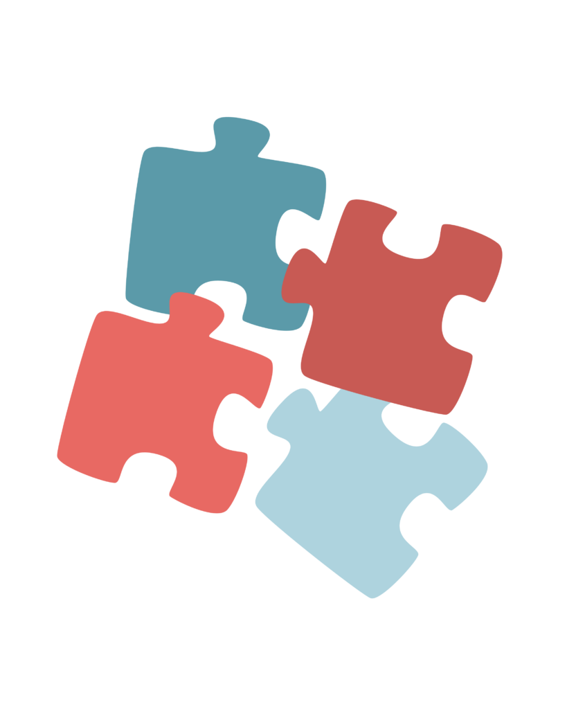 Colorful puzzle pieces loosely arranged to represent individualized communication assessment and integrated language intervention provided by Coova Health in British Columbia.